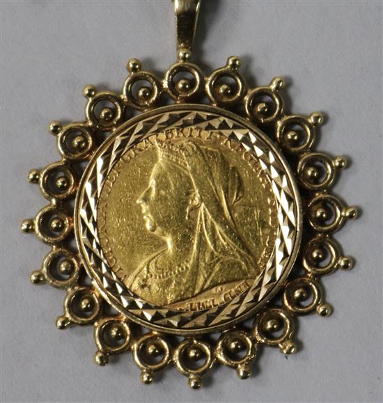 A Victorian 1899 gold sovereign in pierced 9ct gold mount on a 9ct gold suspension chain.